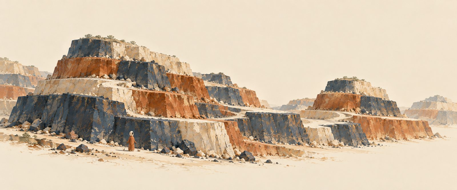 Illustration of sunlit stone, terracotta and chalk strata beside a small surveyor